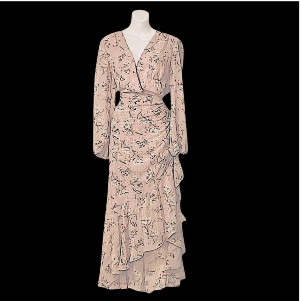 Sheer V Neck Flowy Ruffle Long Sleeve Printed Pink Floral Faux Wrap MIDI Dress
